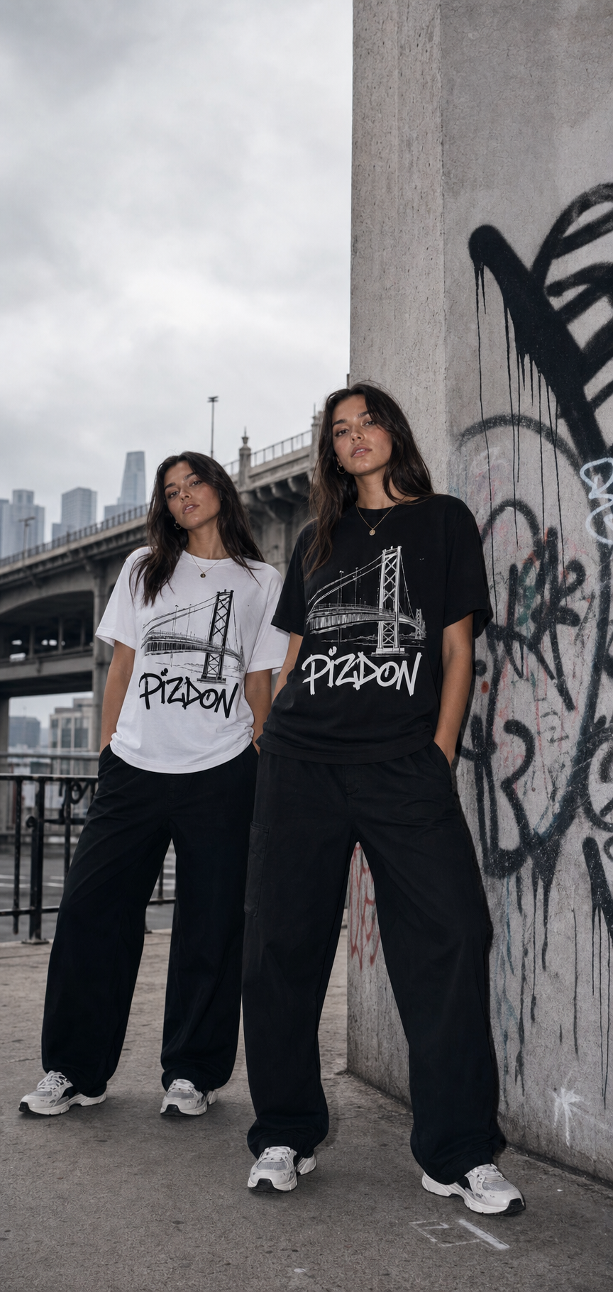 Adult PIZDON models wearing black tops near graffiti