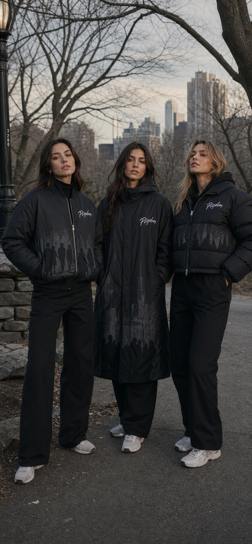 Adult PIZDON models wearing black outerwear in a city park