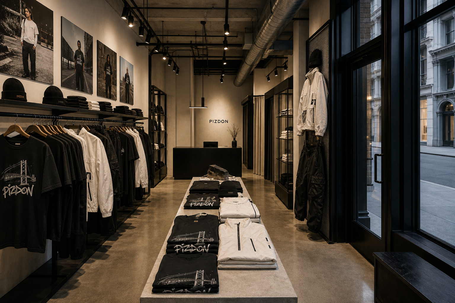 PIZDON interior boutique concept with physical clothing racks and folded product table