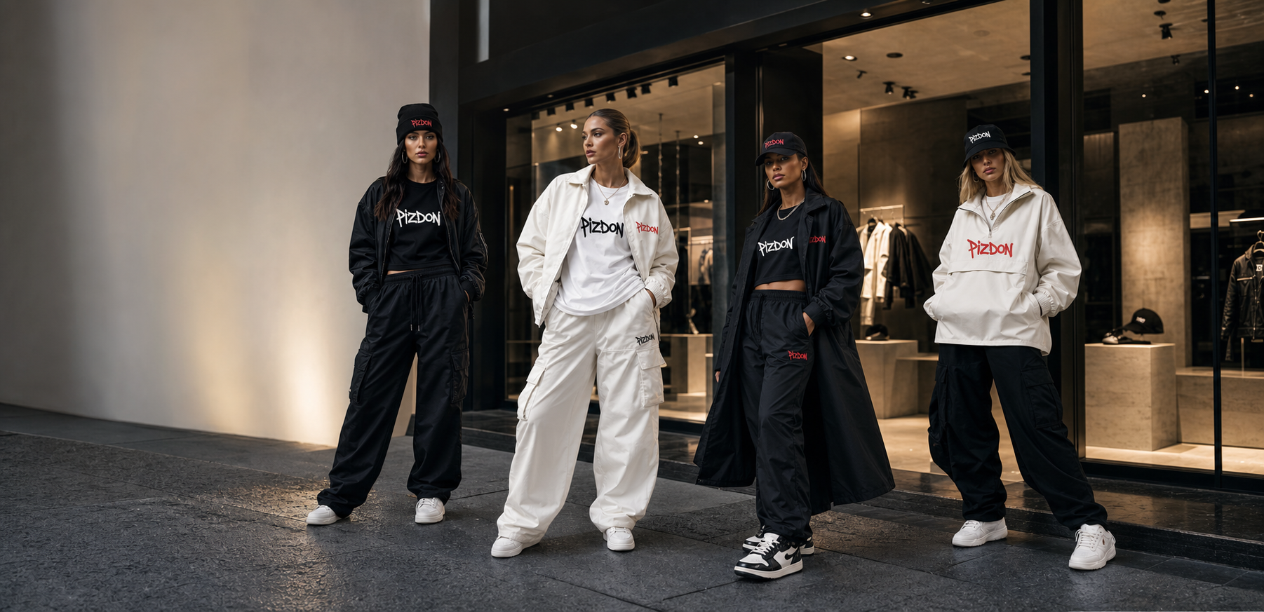 Adult PIZDON models in black and white city streetwear outside a storefront